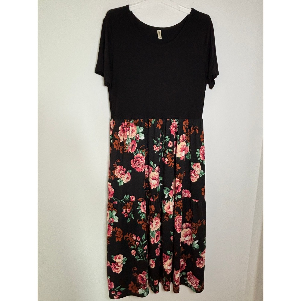 GRECERELLE Black Floral Tiered Maxi Dress Plus Size 2XL Short Sleeve Scoop Neck